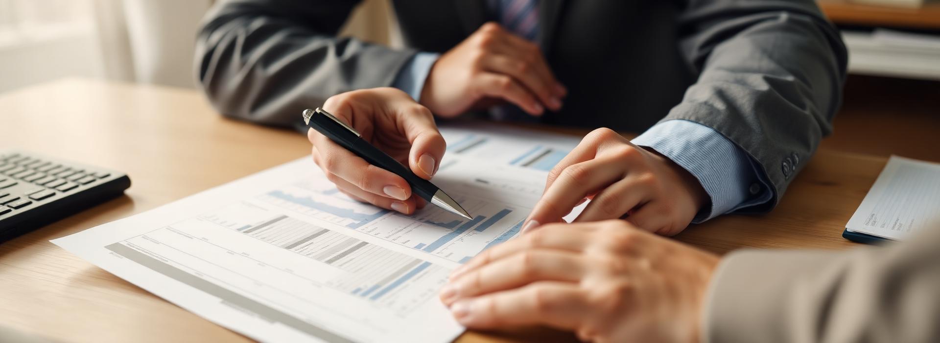 Advisor and client reviewing printed financial documents
