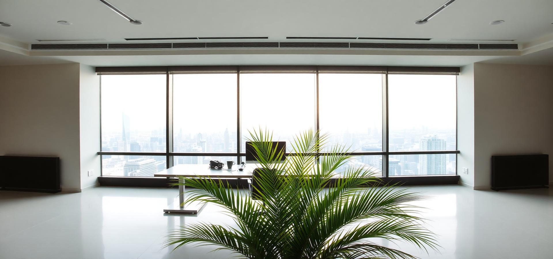 Office desk beside a window overlooking a city skyline