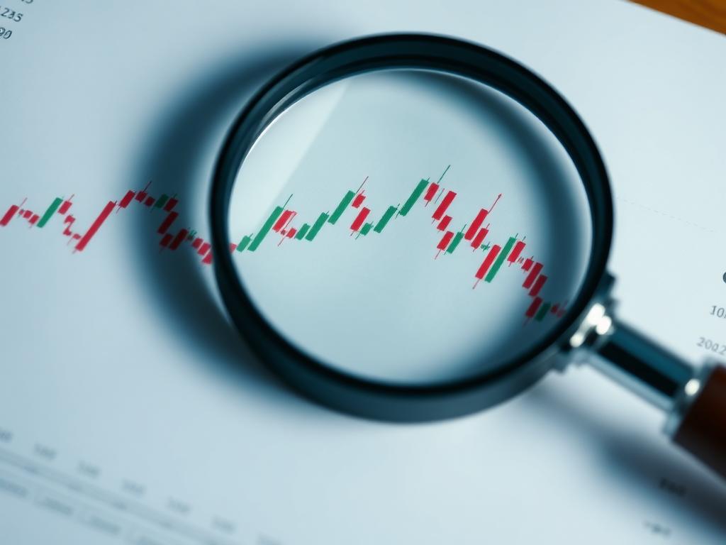 Magnifying glass resting on a printed stock market chart