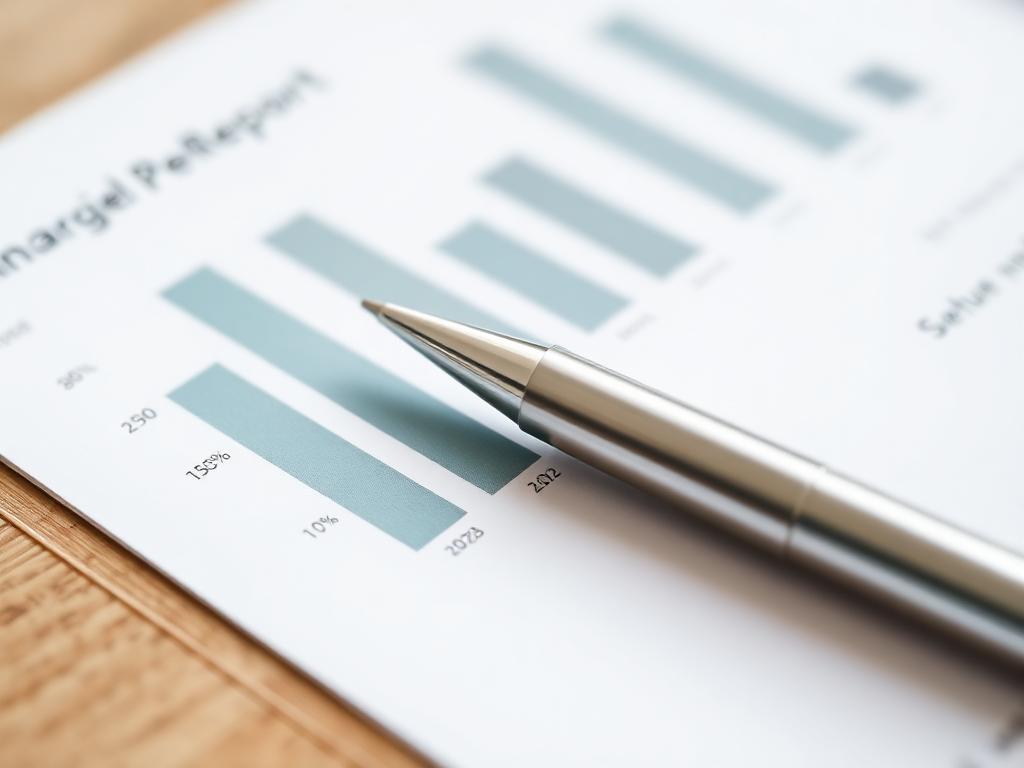 Pen resting on a printed financial performance report with a bar chart